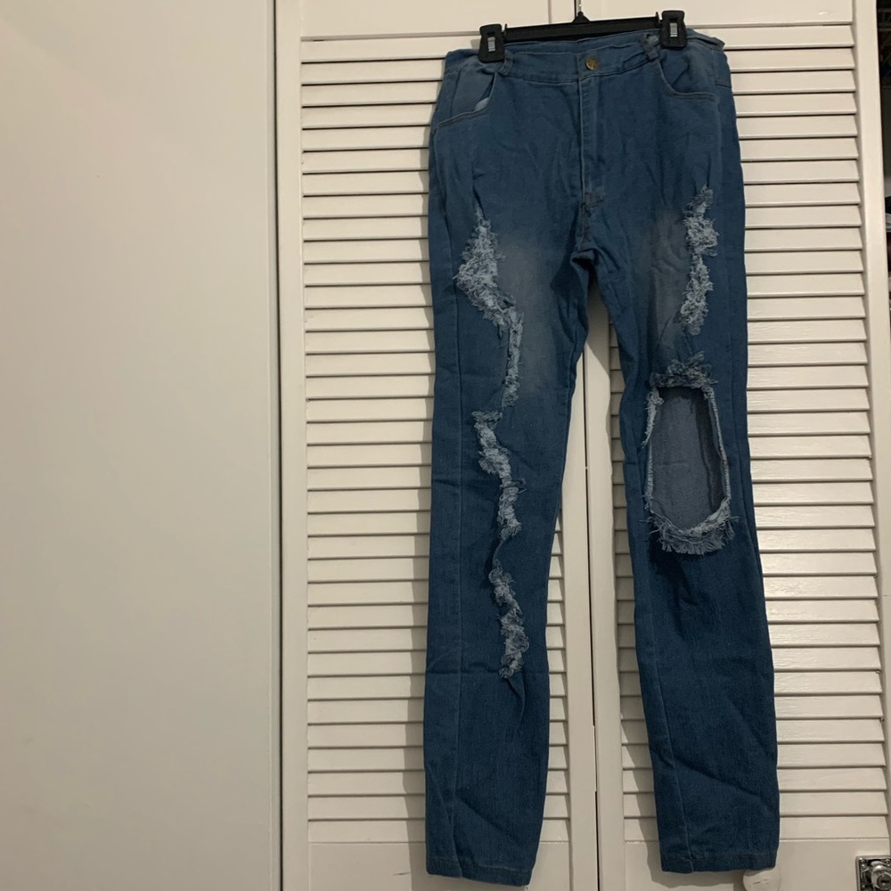SHEIN Blue Stretch Distressed Jeans Size M